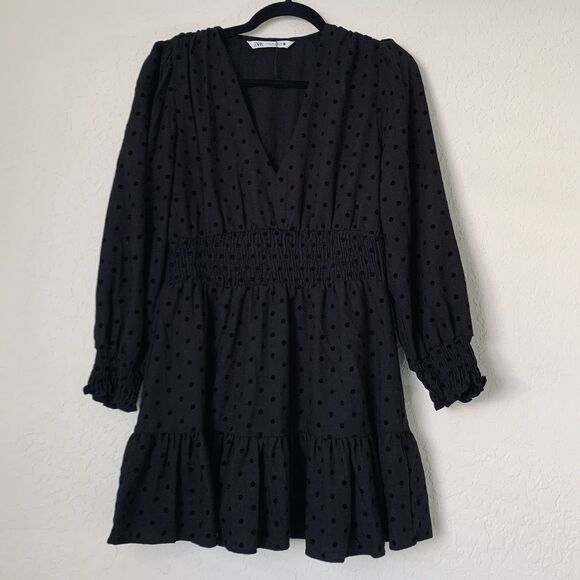 Zara Dress M Black Mini Velvet Polka Dot Long Sleeve Feminine Whimsygoth Peasant - Picture 1 of 8